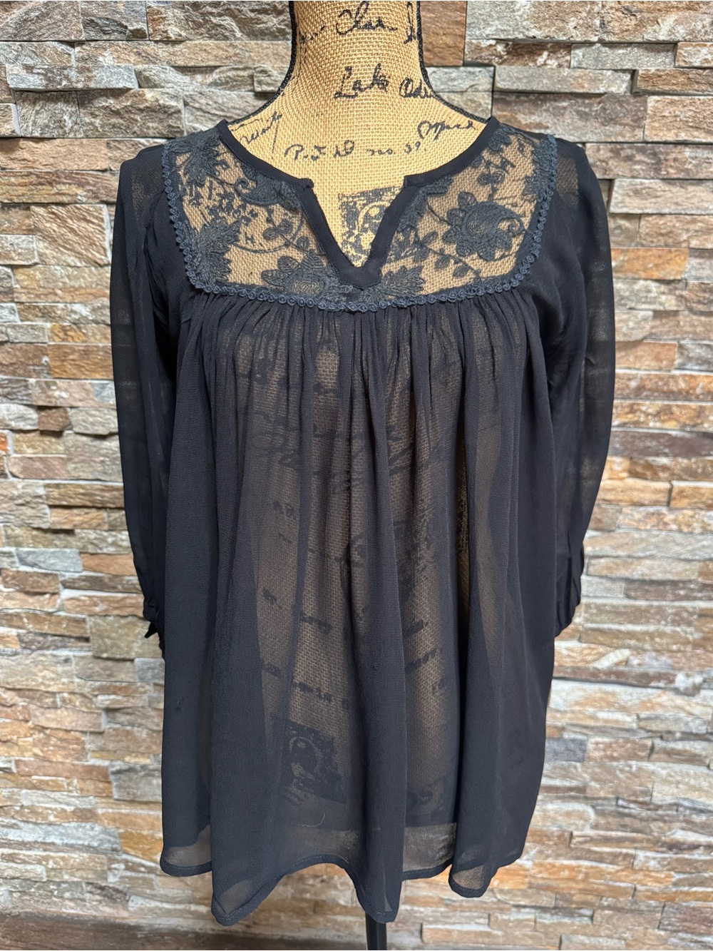 World Market Boho Top Semi Sheer Flowy Lace Inlet S/M Festival Concert Witchy